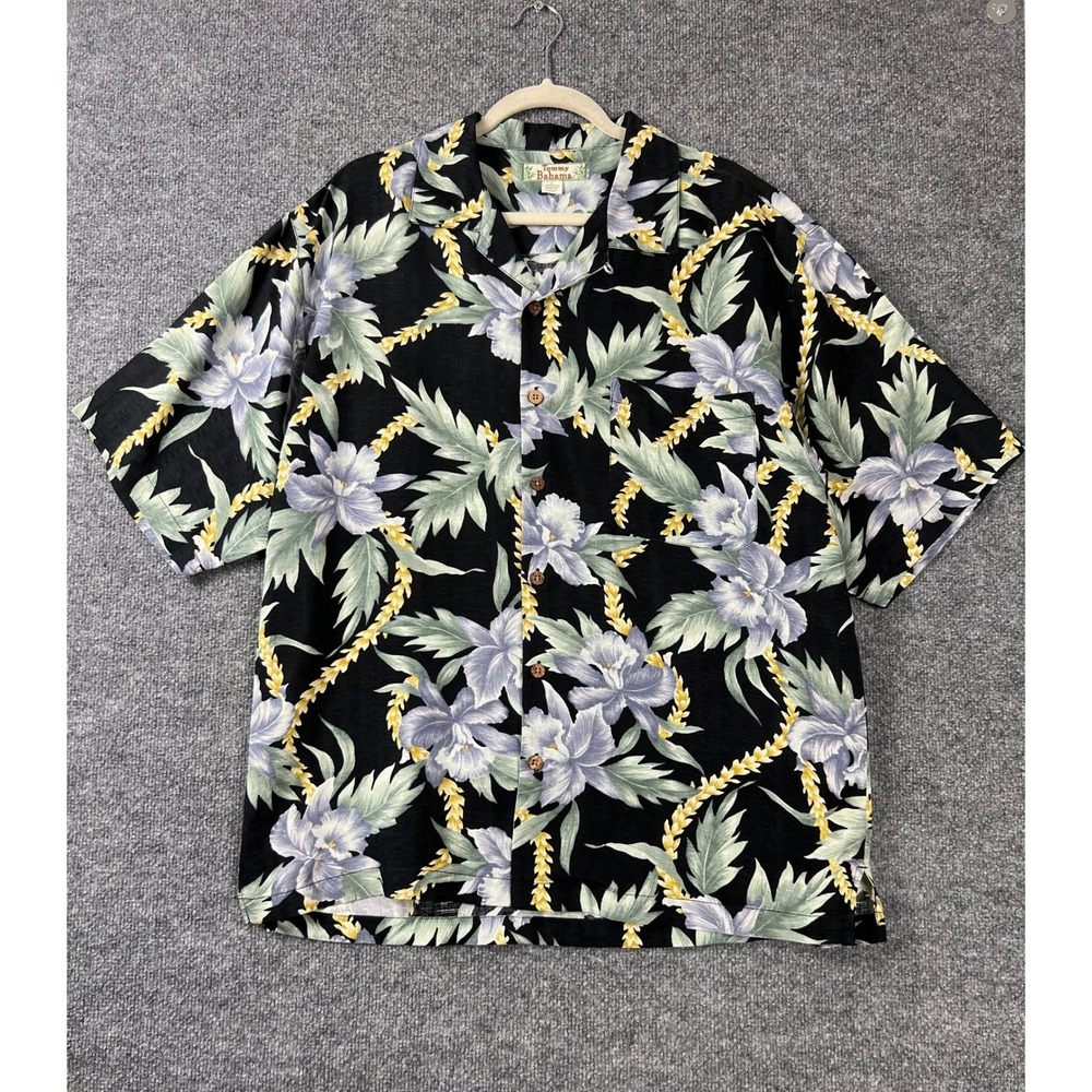 Tommy Bahama Mens Large Black Silk Floral Orchid Camp Shirt Coconut Buttons
